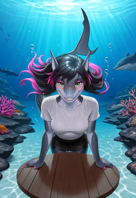 masterpiece, best quality, amazing quality, very aesthetic, high resolution, ultra-detailed, absurdres, newest, scenery, furry, anthro Shark, blushed, blush, blushing, detailed background, detailed hair, depth of field, slick glossy skin, photorealistic details, photorealistic , volumetric lighting, grin, sharp teeth, black hair, pink highlights, green highlights, smooth hair, silky hair, straight hair, thick eyelashes, pink eyeshadow, green eyes, fins, pink lips, Detailed face, detailed eyes, petite body, petite, suggestive smile, gills on neck, shiny hair, glossy hair, shark tail, fingernails, pink nail polish, medium breasts, shark ears, looking at viewer, cinematic lighting, dynamic lighting, t-shirt, miniskirt, sitting behind table, round glasses, pink glasses, hands on table, date, on date, dating, sitting, sit, ((underwater, air bubbles, air bubble, floating hair, underwater cafe, underwater effect, water refraction, light ripples, water light ripples, underwater light patterns, dappled light, underwater light, completely submerged, submerfed cafe)), round cafe table, deep underwater, (ocean floor, underwater, deep sea, ocean depths, marine life, submarine landscape, coral reef, sea bed, abyss, underwater world, deep ocean, ocean trench, subaquatic, undersea, underwater scenery, sea floor, aquatic ecosystem), sit, sitting, sits behind table