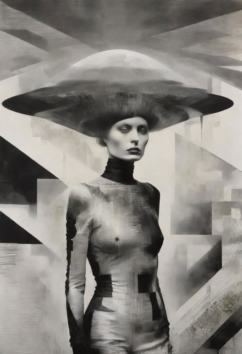 Monochrome black and white, Giger, Beksinski, Zawadzky, Dali, Magritte, Delvaux, Bellmer, Malevitch, Rodchenko, Mondrian, Kandinsky, Popovna, psychedelic hallucination, pop surrealism, rough crosshatch drawing pop art Lunatic_Portrait of a young woman in latex Avant-garde Fashion page, slick back, low bun, black makeup, sinister expression, intense glare, avant-garde, abstract, weird, geometric, constructivism, suprematism, rayonism, verticism, lineism, tj