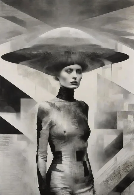 Monochrome black and white, Giger, Beksinski, Zawadzky, Dali, Magritte, Delvaux, Bellmer, Malevitch, Rodchenko, Mondrian, Kandinsky, Popovna, psychedelic hallucination, pop surrealism, rough crosshatch drawing pop art Lunatic_Portrait of a young woman in latex Avant-garde Fashion page, slick back, low bun, black makeup, sinister expression, intense glare, avant-garde, abstract, weird, geometric, constructivism, suprematism, rayonism, verticism, lineism, tj