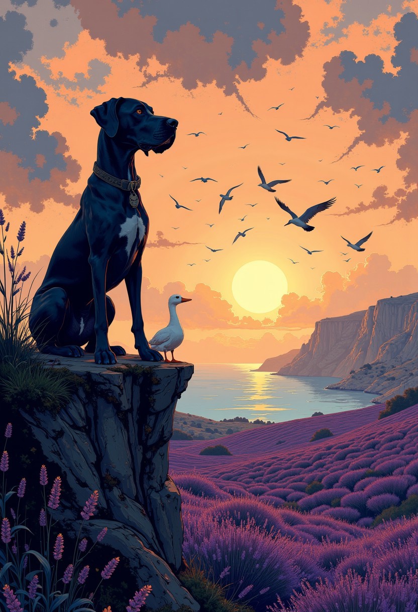 A majestic Great Dane with deep indigo-hued fur and floppy ears sits gracefully at the edge of a rugged cliff watching the sea at the French Atlantic coast. There is a pristine white duck standing next to the dog. The two companions are watching an enormous swarm of geese soaring in their signature V-shaped formation toward the glowing horizon. The V shape of the swarm  is clearly contrasting against the bright sky. The setting sun paints the sky in a breathtaking array of colors, with hues of fiery orange, magenta, and deep purple blending into the dramatic, swirling clouds. The golden light highlights the dog's smooth, velvety fur, giving it an ethereal shimmer that complements its striking indigo color.
Behind the Great Dane, a vast lavender field stretches endlessly, its vibrant purple blooms creating a stunning contrast to the dramatic coastal scenery. The calm sea below reflects the warm tones of the sunset, while the jagged, weathered cliffs emphasize the raw beauty of the untamed coastline. The perspective frames both the dog and the V-shaped swarm of geese as the central focus, with the vast, open landscape emphasizing their connection to the natural world.
The hyper-realistic style captures every detail, from the individual lavender blooms swaying in the breeze to the textured fur of the dog and the intricate formations of the geese.