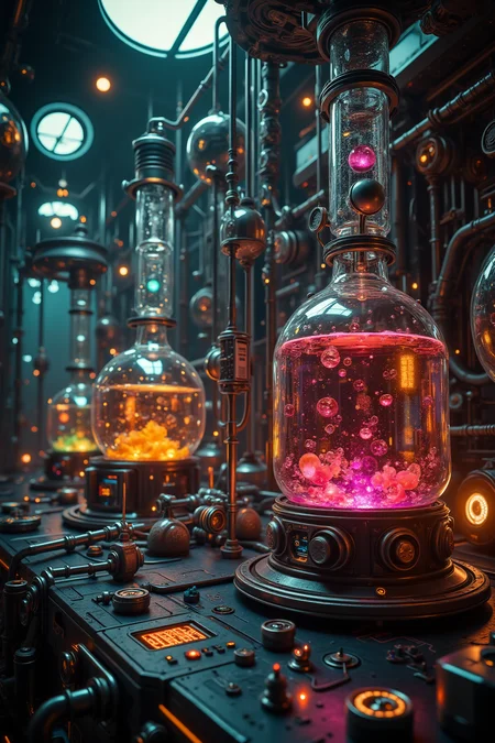 sci-fi digital art style, a detailed arrangement of advanced scientific apparatus featuring transparent vessels with colorful liquids, surrounded by futuristic control interfaces and glowing, high-tech components, all set against a dark, contrasting background, highlighting with intricate textures and vibrant colors. The scene should include a rich variety of elements, each contributing to the overall atmosphere. Lighting should be soft, diffused, and natural, enhancing the depth and realism of the scene. The mood is to be calm yet vibrant, creating a sense of serenity and wonder. Every detail in the scene should be meticulously rendered, emphasizing the contrast between light and shadow, and capturing the fine textures and subtle gradients. The color palette should be carefully chosen to evoke emotion, with each hue enhancing the aesthetic appeal of the overall composition. The final image should be immersive and captivating, drawing the viewer into its intricately detailed world.