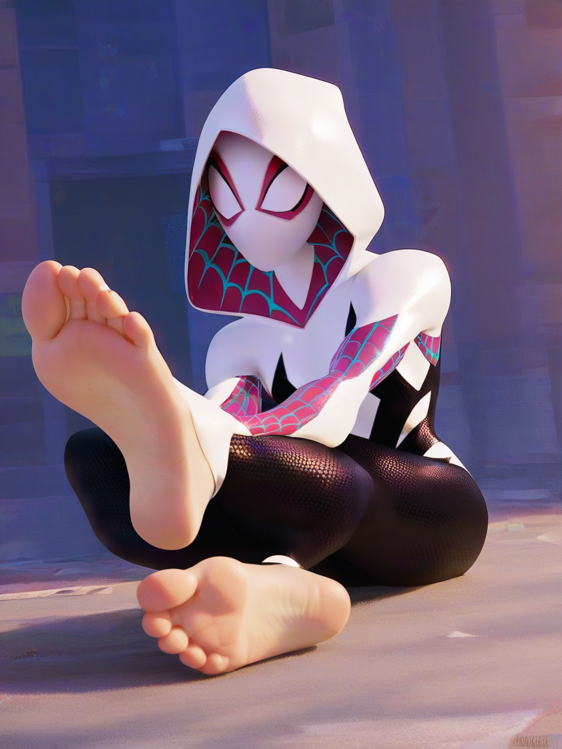 <lora:Gwen_StacyV2:0.8>, g_s, 1girl, hood, mask, superhero suit, nude soles focus, score_9, score_8_up, score_7_up,