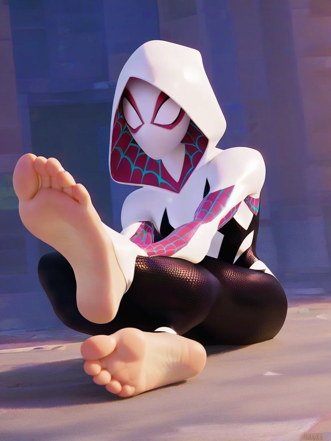 <lora:Gwen_StacyV2:0.8>, g_s, 1girl, hood, mask, superhero suit, nude soles focus, score_9, score_8_up, score_7_up,