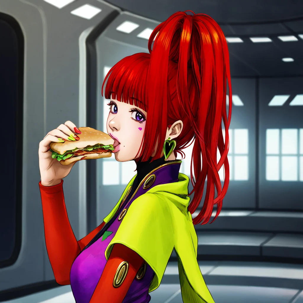 best quality, masterpiece, official artwork, (realistic:0.35), 1girl, solo, sq, red hair, jewelry, earrings, purple eyes, lips, nail polish, makeup, long hair, ponytail, spaceship room, eating sandwich
