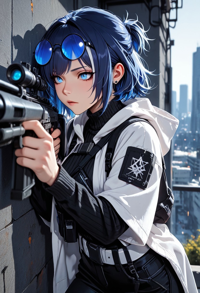 highres, very detailed, amazing quality, masterpiece,
very aesthetic,
particle effect,
1girl, Andreana from Arknights, short hair, streaked hair, blue hair, white hair, short ponytail, blue eyes, round eyewear, blue-tinted eyewear, white jacket, hooded jacket, hood down, open jacket, layered sleeves, short over long sleeves, black sweater, turtleneck sweater, black pants, white belt, black bag, fanny pack,
Holding a sniper, braced against wall, aiming rifle, 
Outside, on the side of a cliff, overlooking a city,
Close up, depth of field, ray_tracing, cowboy shot, extreme foreshortening, very aesthetic, cinematic,