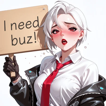 score_9, score_8_up, score_7_up, score_6_up, anime, beautiful, stunning, masterpiece, best quality, amazing quality,
need_buzz, holding sign, need_buzz
ashe (overwatch), white hair, red eyes, red lips, black mascara,
1girl, solo, gloves, shirt, necktie, black gloves, looking at viewer, red necktie, breasts, blush, short hair, white shirt, jacket, upper body, simple background, black jacket, collared shirt, off shoulder, drunk, open mouth, open clothes, open jacket, parted lips,