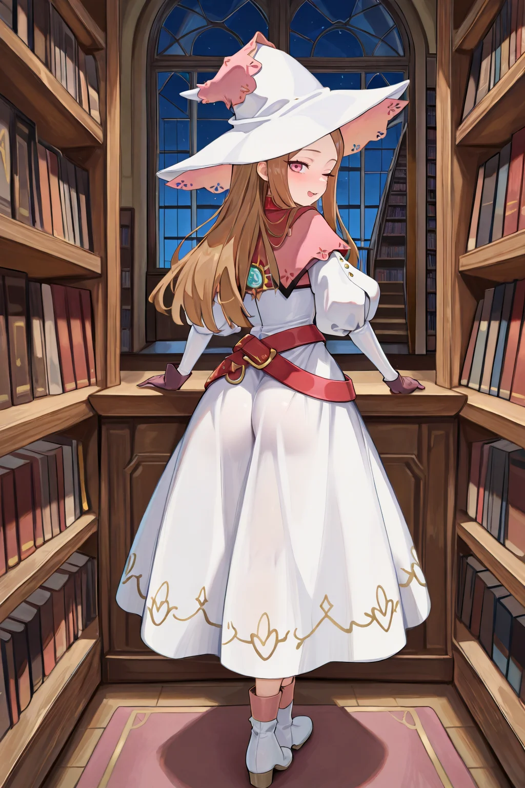 masterpiece, very aesthetic, absurdres, best quality, amazing quality, high resolution, <lora:illustrious_quality_modifiers_masterpieces_v1:0.8> , <lora:ChamIllustriousBackgroundEnhancer:0.5>, solo, <lora:RosaryIL:0.8> , RosaDef, brown hair, long hair, pink eyes, white witch hat, white dress, red belt, juliet sleeves, gloves, white boots, winking, from behind, looking back, looking at viewer, night, library, interior, full body,
