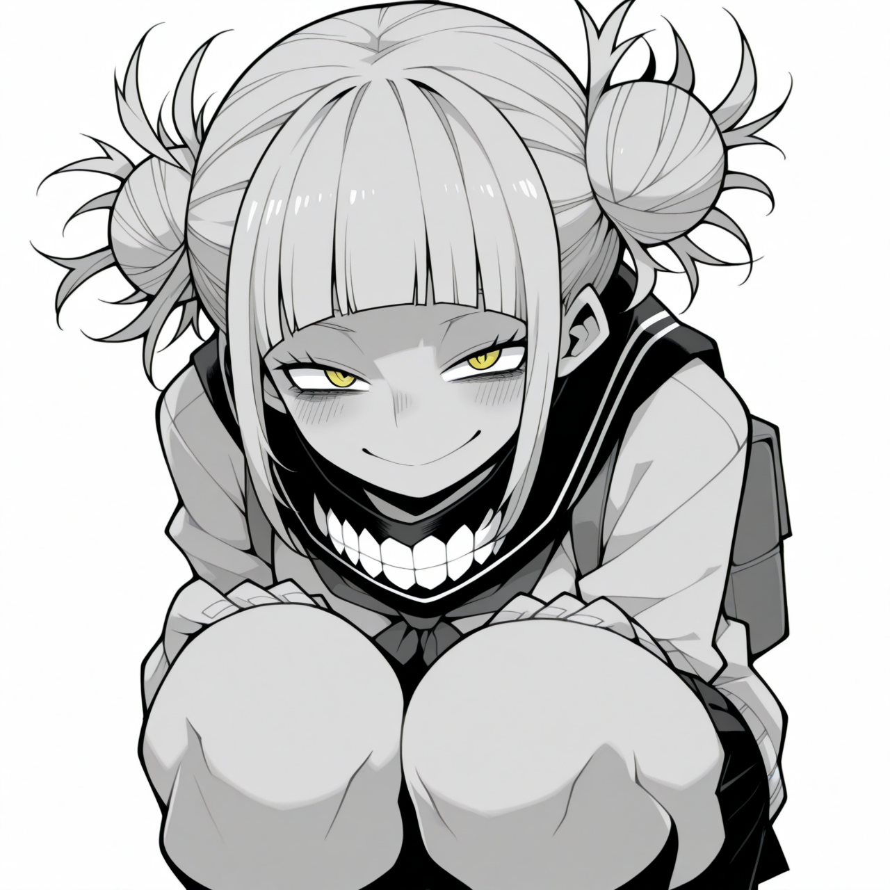 1girl, solo,
Toga Himiko, My Hero Academia, , 
 simple background, white background, (:1.3) smile  seductive  pose, (squatting , looking at viewer ,
,
 <lora:DarkfireStyle19:1.25>