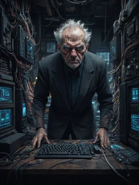 analog film photo an angry old man, looking at the viewer, in a dark room full of wires and computers. intricate, elegant, highly detailed, digital painting, artstation, concept art, sharp focus, illustration, by justin gerard and artgerm, 8 k. unreal engine. art byames gurney and laurie greasley, very coherent symmetrical artwork. cinematic, hyper realism <lora:CyberPunkAI:0.7> cyberpukai, [prompt] <lora:LCM_LoRA_Weights:0.7>, dramatic lighting, faded film, desaturated, 35mm photo, grainy, vignette, vintage, Kodachrome, Lomography, stained, highly detailed, found footage