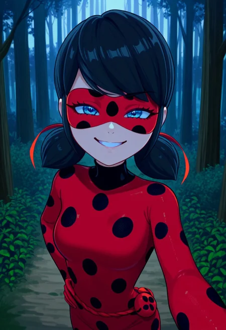 bright colors, detailed background,, volumetric light, vivid colours, standing,
looking at viewer, outdoors, overcast, dark, forest, vines, ponypositive, solo, solo focus, open hands on hip, single eyebrow lifted, smirk,
Miraculous, red suit with black spots all over her body, red mask covering her eyes, shoulder-length black hair with blue reflections tied back in pigtails, bright bluebell eyes,
Smooth Quality,
best quality, hyper detailed, ambient stylish expressive lighting, absolutely eye-catching masterpiece, body extremely close-up view, (facing viewer), forward, face extremely close-up shot, chest focus, selfie,
