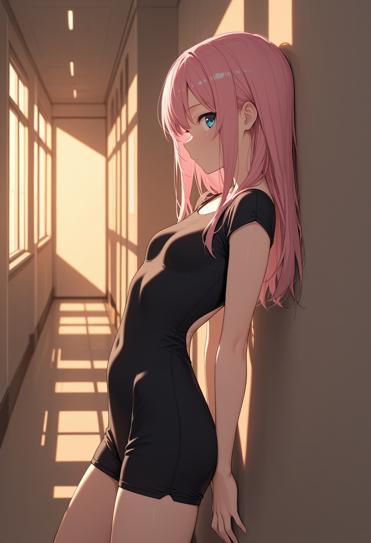 masterpiece, best quality, high quality,
1girl, pink hair,long hair, 
black romper, from side, leaning back, sideways glance, 
hallway, evening, hip bones, shade,against wall, 
<lora:romper_v0.2-illu:1>