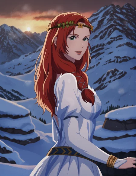 (2d), source_anime, solo, masterpiece, BREAK, 1girl, HeraHammerhand, red hair, long hair, green eyes, braid, white dress, green nordic belt, head wreath, breasts, cleavage, realistic background, blurry background, bokeh, looking back at viewer, cowboy shot, happy, dark scenery, epic composition, outdoors, mountain, realistic cobblestone, castle wall, head tilt, head turned to the side, hands on hips, from side, snow, four fingers, <lora:HeraHammerhand:0.9>
