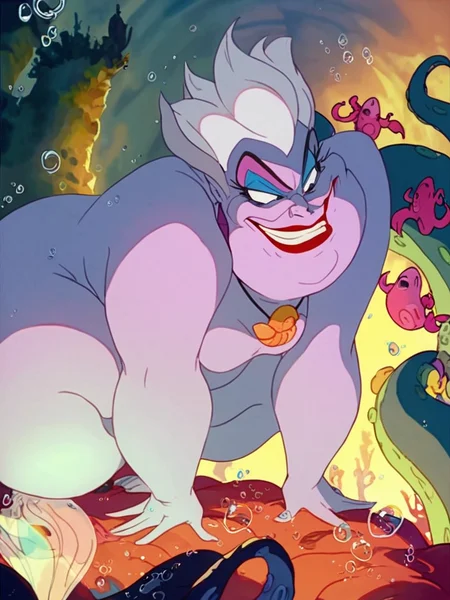 score_9, score_8_up, score_8, score_7_up, volumetric lighting, ursula, 1girl, solo, smile, blue eyes, 1boy, jewelry, white hair, pointy ears, necklace, grin, makeup, colored skin, squatting, lipstick, tentacles, underwater, air bubble, fat, monster boy, <lora:littlem_pony_v1:0.9>