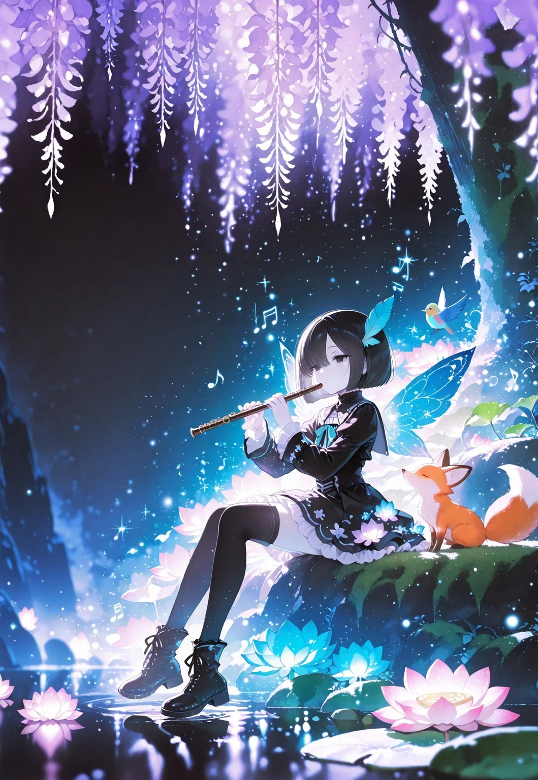 masterpiece, highres, newest,best quality, very aesthetic, absurdres, newest, very awa, oc-chan_(ketopon), 1girl, solo, black hair, bob cut, hair between eyes, solid black eyes, detailed eyes, eyelashes, mole under eye, expressionless, feather hair ornament, pale skin, goth fashion, frilled dress, square neckline, black thighhighs, zettai ryouiki, dark green ankle boots, instrument, playing flute, (musical notes:1.1), sitting, creek, rocks, pebbles, moss, branch,animal,bird sitting on flute, fox, fireflies, lush nature, flowers, (wisteria vines:1.1), lotus flowers, dreamlike atmosphere, peaceful, mystical forest, sparkling aura, soft lighting, pastel colors, anime screencap, scenery, from side, Bright_illu,sparkle,too many light particles,