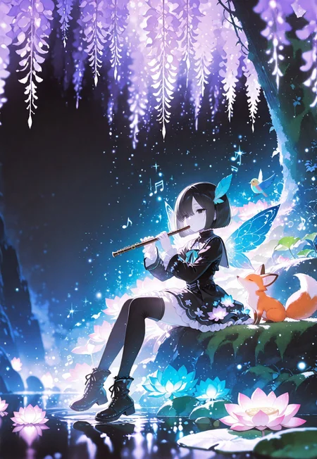 masterpiece, highres, newest,best quality, very aesthetic, absurdres, newest, very awa, oc-chan_(ketopon), 1girl, solo, black hair, bob cut, hair between eyes, solid black eyes, detailed eyes, eyelashes, mole under eye, expressionless, feather hair ornament, pale skin, goth fashion, frilled dress, square neckline, black thighhighs, zettai ryouiki, dark green ankle boots, instrument, playing flute, (musical notes:1.1), sitting, creek, rocks, pebbles, moss, branch,animal,bird sitting on flute, fox, fireflies, lush nature, flowers, (wisteria vines:1.1), lotus flowers, dreamlike atmosphere, peaceful,  mystical forest, sparkling aura, soft lighting, pastel colors, anime screencap, scenery, from side, Bright_illu,sparkle,too many light particles,
