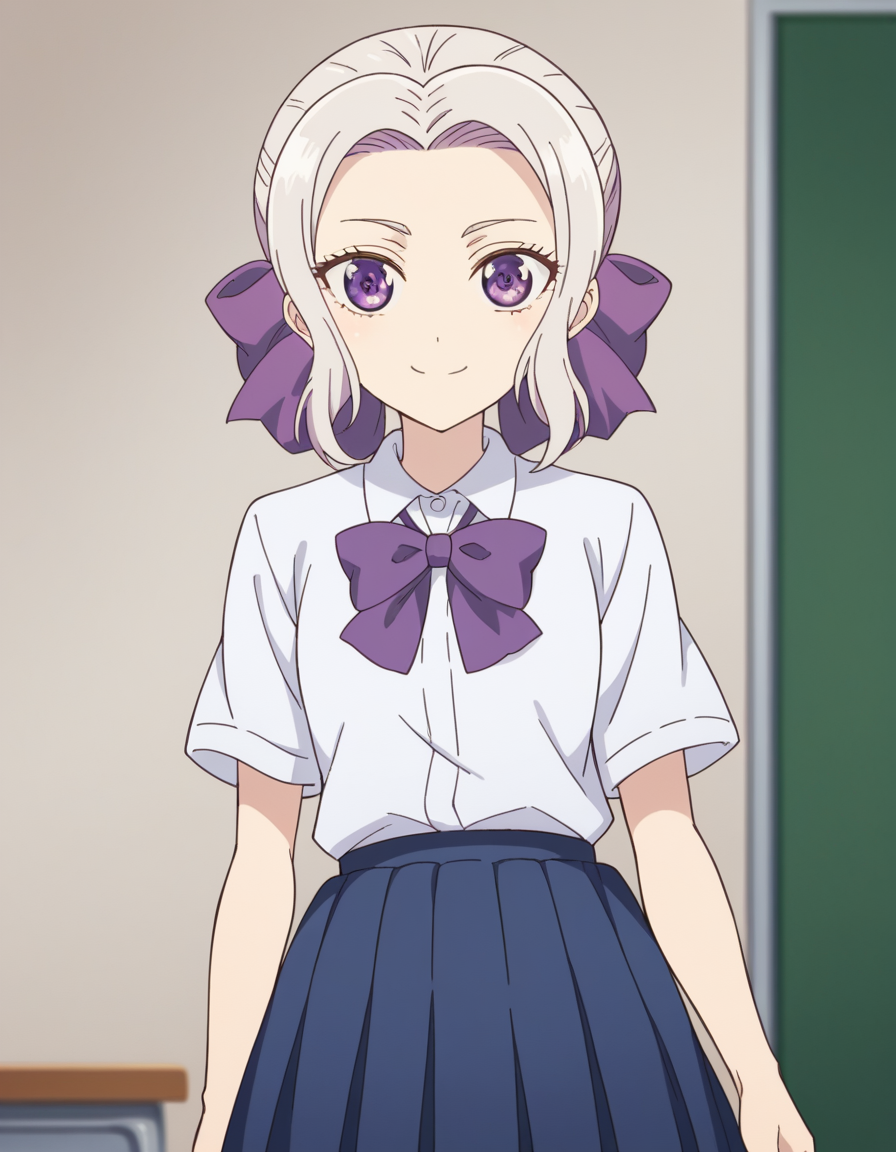 score_9, score_8_up, score_7_up, source_anime, <lora:shino-kiryuu-s2-ponyxl-lora-nochekaiser:1>, shino kiryuu, purple eyes, white hair, hair bow, purple ribbon,, skirt, shirt, bow, school uniform, white shirt, short sleeves, pleated skirt, bowtie, blue skirt,, indoors, smile, looking at viewer, solo,, cowboy shot, dutch angle