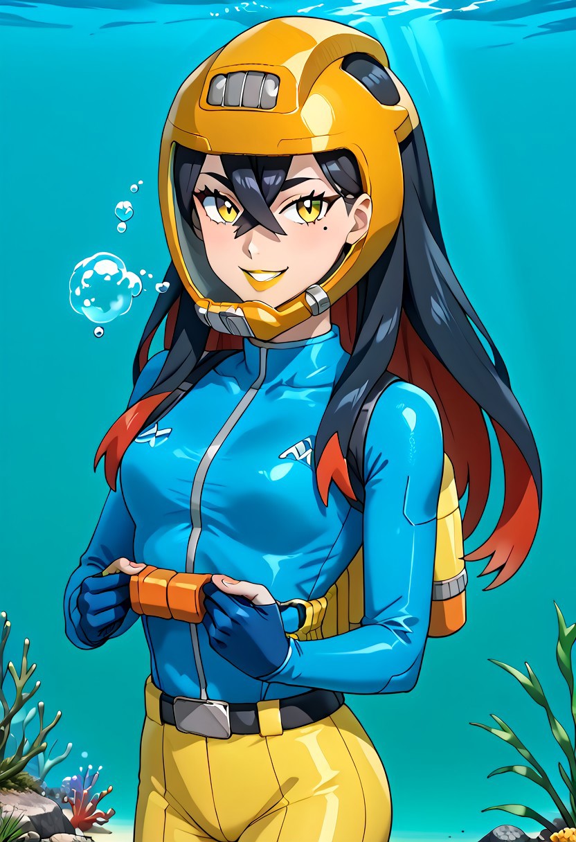 PokemonStyle, pokemon \(anime\), full body,solo female, score_9, score_8, score_7, score_6_up, source_anime, anime coloring, anime screencap, official art,
BREAK full body, 1girl, black hair, colored inner hair, crossed bangs, hair between eyes, hairband, long hair under helmet, mole, mole under eye, multicolored hair, red hair, sidelocks, two-tone hair, yellow eyes, low lipstick only, floating hair, (blue wetsuit), long sleeves, bare legs, beautiful legs, barefoot,
BREAK
(pokemoncarmine wearing (tight fitting, head-sized(yellow diving helmet))), (helmet overlapping chin, helmet overlapping cheeks, helmet overlapping jawline, helmet overlapping ears), shiny glass visor:0.5, 
BREAK underwater, seafloor, rocks, sea-green background:0.25, sea-green overlay:0.55, seaweed, neck 
BREAK blue background:0.25, bubbles, BREAK mask snugly on face, regulator, breathing tube, orange oxygen tank strapped to back, harness tightly on chest, belt, swimmingai, floating, bubbles, looking at viewer, diving, smug, clenched teeth, flustered, vents on helmet,