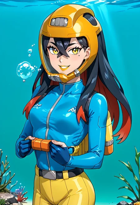 PokemonStyle, pokemon \(anime\), full body,solo female, score_9, score_8, score_7, score_6_up, source_anime, anime coloring, anime screencap, official art,
BREAK full body, 1girl, black hair, colored inner hair, crossed bangs, hair between eyes, hairband, long hair under helmet, mole, mole under eye, multicolored hair, red hair, sidelocks, two-tone hair, yellow eyes, low lipstick only, floating hair, (blue wetsuit), long sleeves, bare legs, beautiful legs, barefoot,
BREAK
(pokemoncarmine wearing (tight fitting, head-sized(yellow diving helmet))), (helmet overlapping chin, helmet overlapping cheeks, helmet overlapping jawline, helmet overlapping ears), shiny glass visor:0.5,
BREAK underwater, seafloor, rocks, sea-green background:0.25, sea-green overlay:0.55, seaweed, neck
BREAK blue background:0.25, bubbles, BREAK mask snugly on face, regulator, breathing tube, orange oxygen tank strapped to back, harness tightly on chest, belt, swimmingai, floating, bubbles, looking at viewer, diving, smug, clenched teeth, flustered, vents on helmet,
