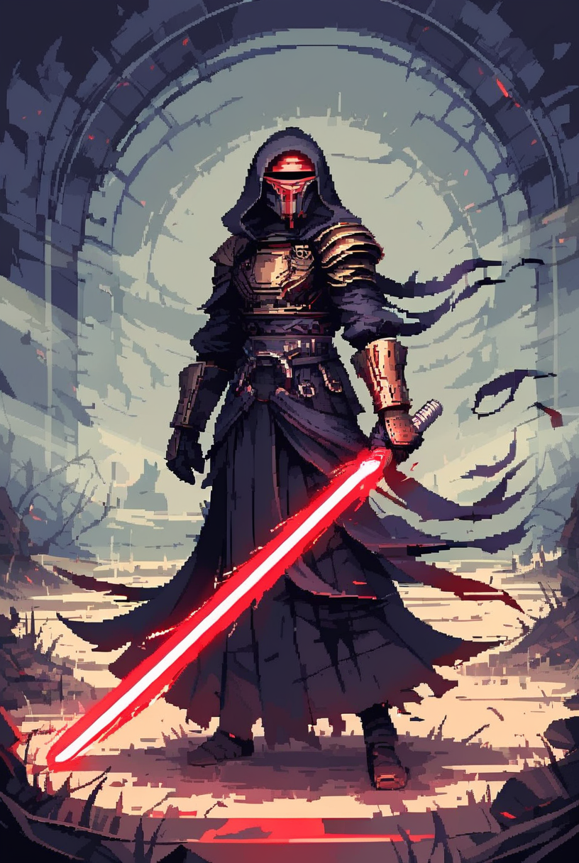 (7-DarthRevan holding lightsaber) swirling energy, menacing, detailed helmet, cloaked, sci-fi, swinging sword, energy sword, glowing beam, purple and red glow
pixel art
<lora:d3p1x3lXLP:0.8>  <lora:Darth Revan PONY v1.0:1>