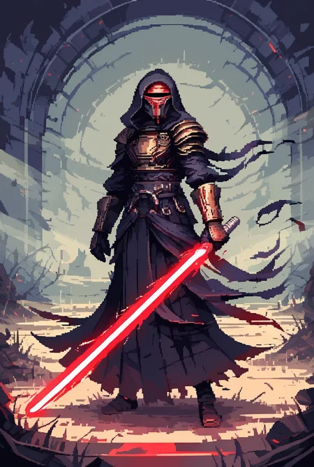(7-DarthRevan holding lightsaber) swirling energy, menacing, detailed helmet, cloaked, sci-fi, swinging sword, energy sword, glowing beam, purple and red glow
pixel art
<lora:d3p1x3lXLP:0.8> <lora:Darth Revan PONY v1.0:1>