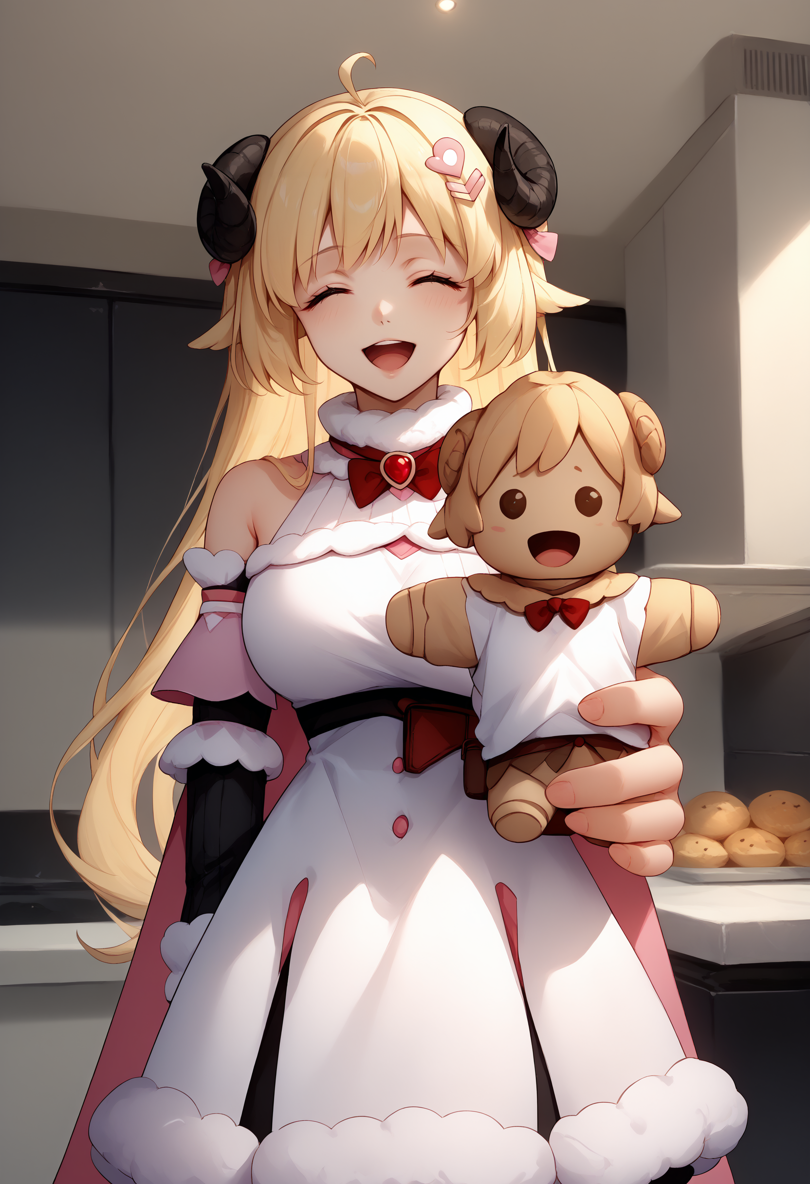 score_9, score_8_up, score_7_up, 1girl, holding food, looking at viewer, character doll, holding doll, indoors, <lora:BakingMyLongDistanceBfIntoACookieBecauseIMissHimMeme_pdxl_Incrs_v1:1>, <lora:ChamTsunomakiWatamePonyXL:1>, WatameBase, very long hair, ahoge, hairclip, fur-trimmed dress, short dress, red bowtie, detached sleeves, pouch, fur-trimmed cape, pink cape, happy, closed eyes, open mouth,