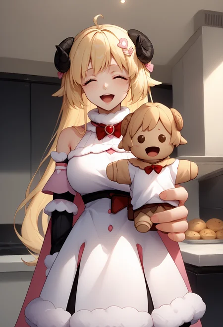 score_9, score_8_up, score_7_up, 1girl, holding food, looking at viewer, character doll, holding doll, indoors, <lora:BakingMyLongDistanceBfIntoACookieBecauseIMissHimMeme_pdxl_Incrs_v1:1>, <lora:ChamTsunomakiWatamePonyXL:1>, WatameBase, very long hair, ahoge, hairclip, fur-trimmed dress, short dress, red bowtie, detached sleeves, pouch, fur-trimmed cape, pink cape, happy, closed eyes, open mouth,
