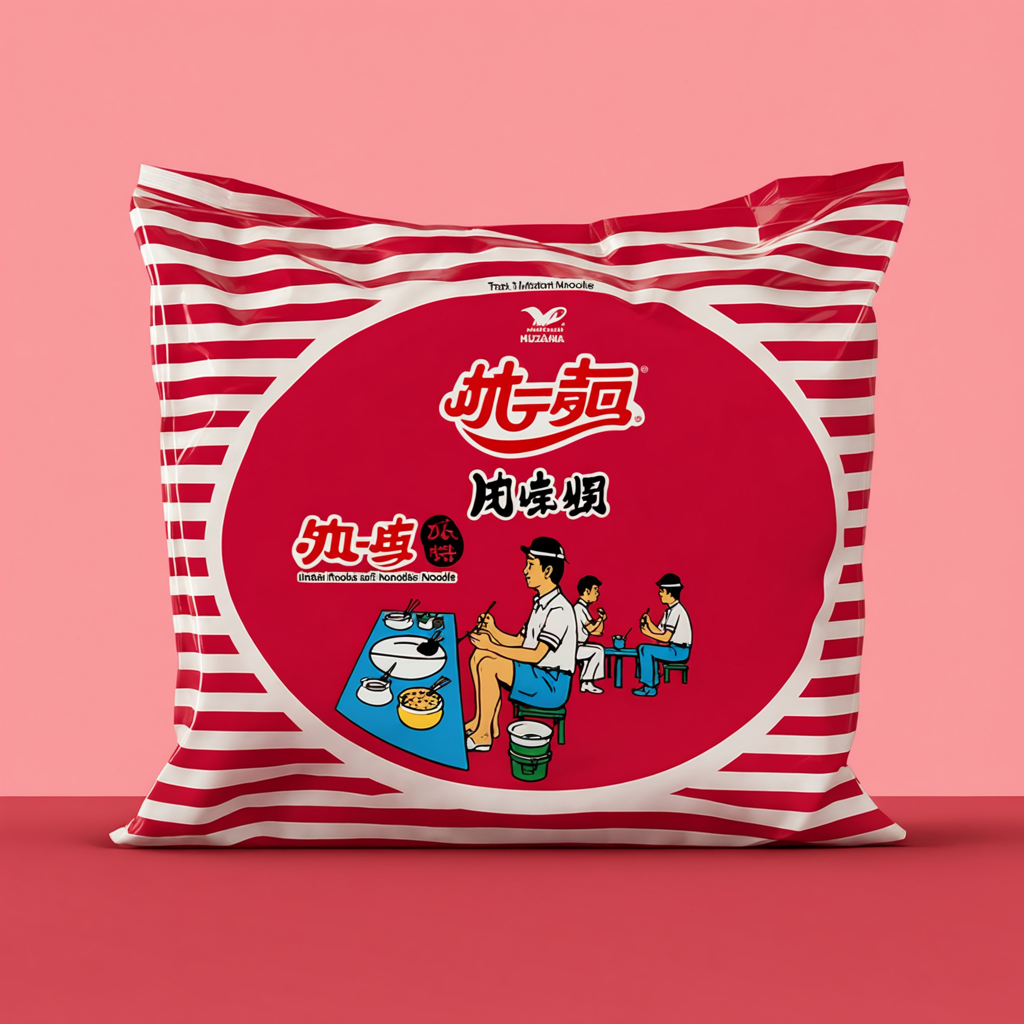 rozamanbag,text,A bag of instant noodles placed on a red table. The packaging of the noodles is clearly visible, showcasing the brand and flavor. The red table provides a striking contrast, emphasizing the subject. The scene should be as realistic as a high-resolution photograph, with natural and even lighting that highlights the details of the bag and the texture of the table, <lora:rozaman2:0.7>