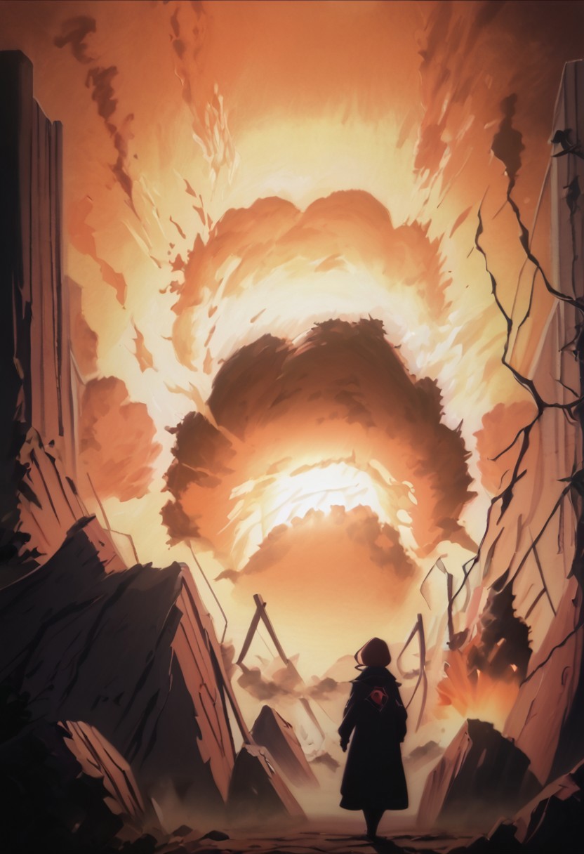 score_7_up, score_8_up, score_9, anime screencaps, masterpiece, high quality, 1girl, lain iwakura, dark black sith lord, dark black robe, black hood, front view, facing viewer, chiarobscuro, (((burning ruins, explosion, massive fires, falling rocks, huge red atomic explosion, huge red nuclear explosion, deflagration blast, deflagration ring))), black gloves, low lighting, evil aura, thunderstorm, scorched earth destruction, tempest, wind blast, storm blast, background zPDXL2