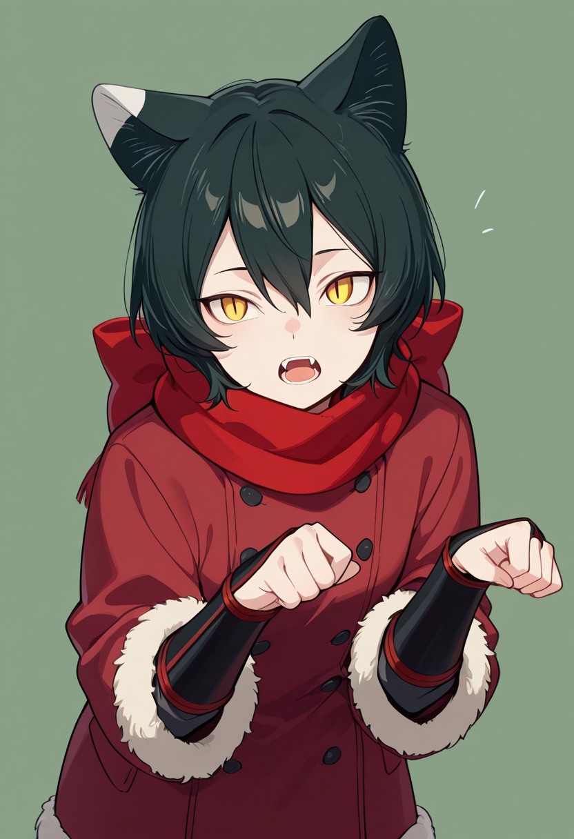 score_9, score_8_up, score_7_up, masterpiece, best quality, very aesthetic, Dunmeshi_Izutsumi, 1girl, solo, cat ears, black hair, short hair, yellow eyes, slit pupils, Izuwinter, winter outfit, alternate costume, red scarf, red coat, fur trim, fur-trimmed sleeves, vambraces, paw pose, open mouth, fangs, cowboy shot, simple background