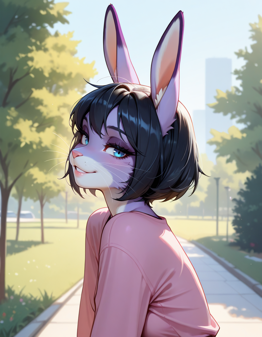 masterpiece, best quality, very aesthetic, absurdres,
outdoors, casual, 
upper body, headshot, from side, 
 seductive smile, parted lips, long eyelashes,
m4rl3nn3,1girl,solo,furry,furry female,black hair,short hair,rabbit ears,blue eyes,animal nose,whiskers,body fur,purple fur,
