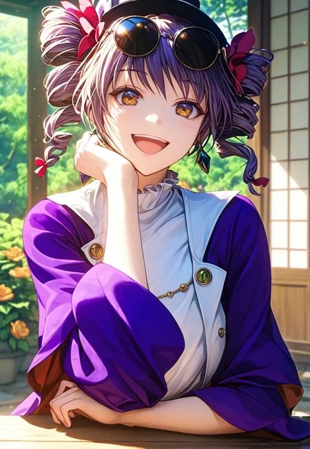 1girl, solo, yorigami jo'on, (drill hair:1.5), (eyewear on head:1.3), (jewelry:1.3), (white dress:1.4), (purple jacket:1.5), (facing camera:1.3), (slightly open mouth:1.3), (shoulders slightly hunched:1.2), natural pose, (bright morning light:1.6), (light entering from left:1.5), (Japanese-style temple:1.5), (sliding doors:1.4), (vibrant flower garden:1.2), (blurred temples in background:0.8), (character's left shoulder closer:1.3), (thick paint style:1.4), (jewelry:1.3), (white dress:1.4), (purple jacket:1.5), (facing camera:1.3), (shy smile:1.4), (slightly open mouth:1.3), (head tilted clockwise:1.3), (shoulders slightly hunched:1.2), natural pose, (bright morning light:1.6), (light entering from left:1.5), (sliding doors:1.4), (vibrant flower garden:1.2), (blurred temples in background:0.8), (arms resting on table:1.4), (thick paint style:1.4), (head slightly tilted:1.3), (eyebrows furrowed deeply:1.6), (mouth slightly open with smile:1.5), (looking at the camera:1.5), (playful yet uncomfortable expression:1.1), (slight shoulder shrug:1.3), body leaning slightly forward, soft sunlight shining in from the left, temple room with sliding doors half-open, colorful flowers outside, other distant Japanese buildings blurred, morning light, bright, warm lighting, anime style highly detailed shadows, warm atmosphere, anime art style, sunlight on face, soft glow. <lora:char-joon:1>