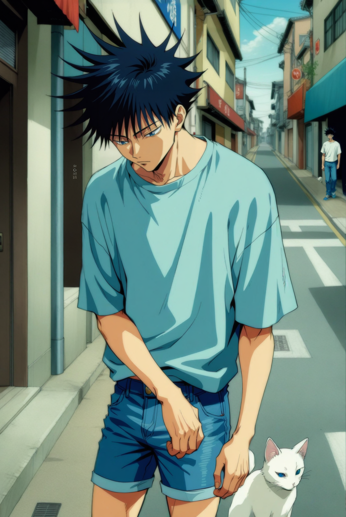 1boy, male focus, fushiguro megumi, jujutsu kaisen , (90s anime style:1.5), front view, outdoors, street view, (looking down:1.3), perfecteyes, shirt, denim shorts, (a single white cat sitting next to them) <lora:detailed_notrigger:1> <lora:ParchartXL_CODA:0.2> <lora:Isometric Cutaway:1> <lora:PerfectEyesXL:1> <lora:Surreal Harmony:0.2>