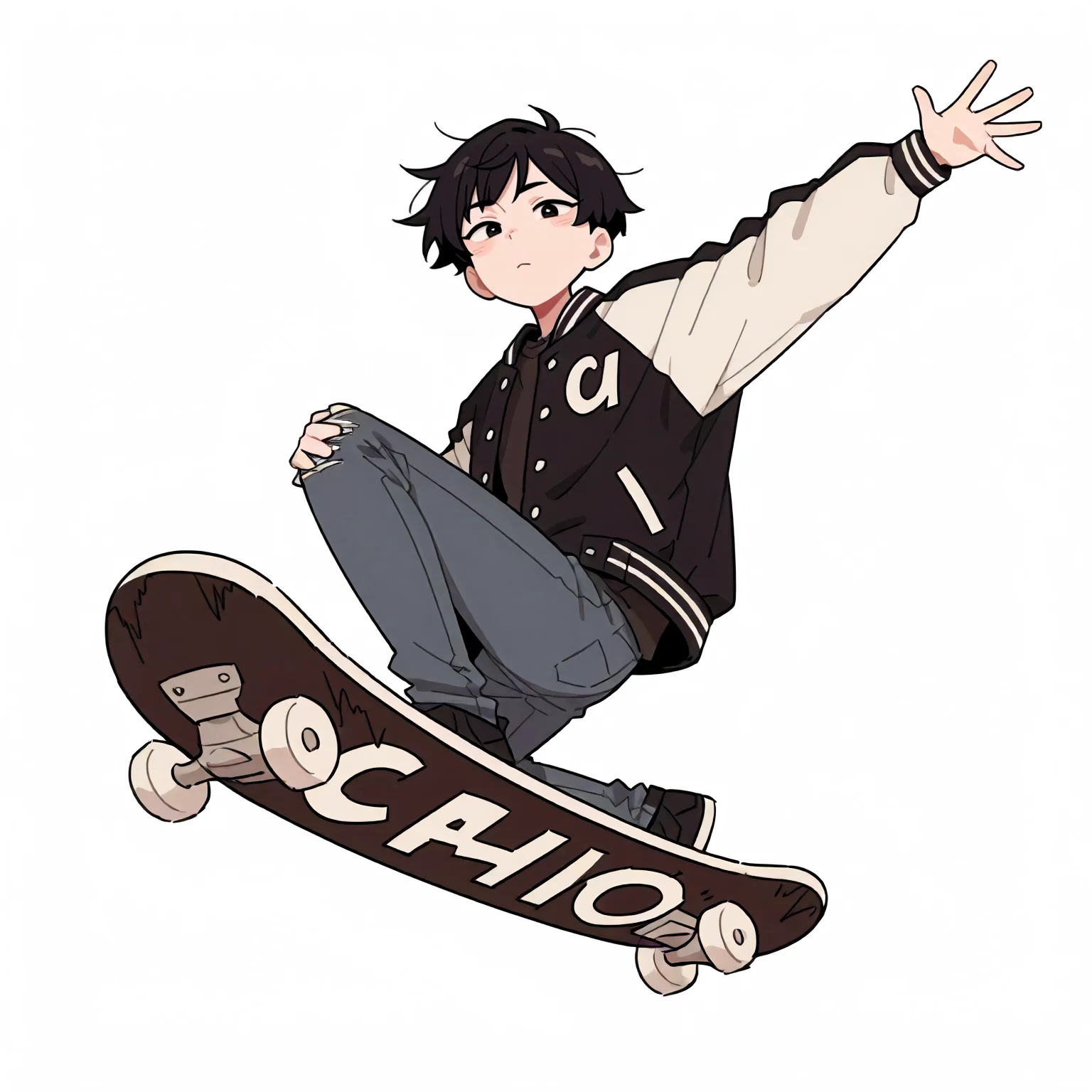 <lora:style_nyanmix_styleXLIllustrious001>,
masterpiece,best quality,good quality,newest,
white background,simple background,nyanmix_style,
looking at viewer,
1boy,black hair,short hair,
letterman_jacket,jeans pants,
skateboard,jumping,