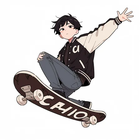 <lora:style_nyanmix_styleXLIllustrious001>,
masterpiece,best quality,good quality,newest,
white background,simple background,nyanmix_style,
looking at viewer,
1boy,black hair,short hair,
letterman_jacket,jeans pants,
skateboard,jumping,