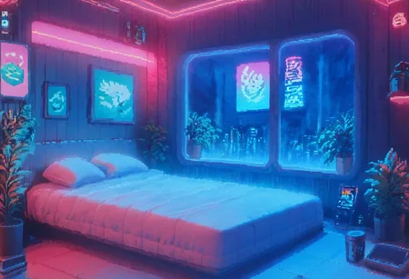 score_9,score_8_up,score_7_up,score_6_up, pixelart,pixel,
steaming coffee cup on windowsill, plants on the windowsill, wall of plants, monstera plant, large plant, tidy bedrrom, small room, cramped bedroom, teddies on the bed, cyberpunk city view out of the window, neon light, purple neon lights,