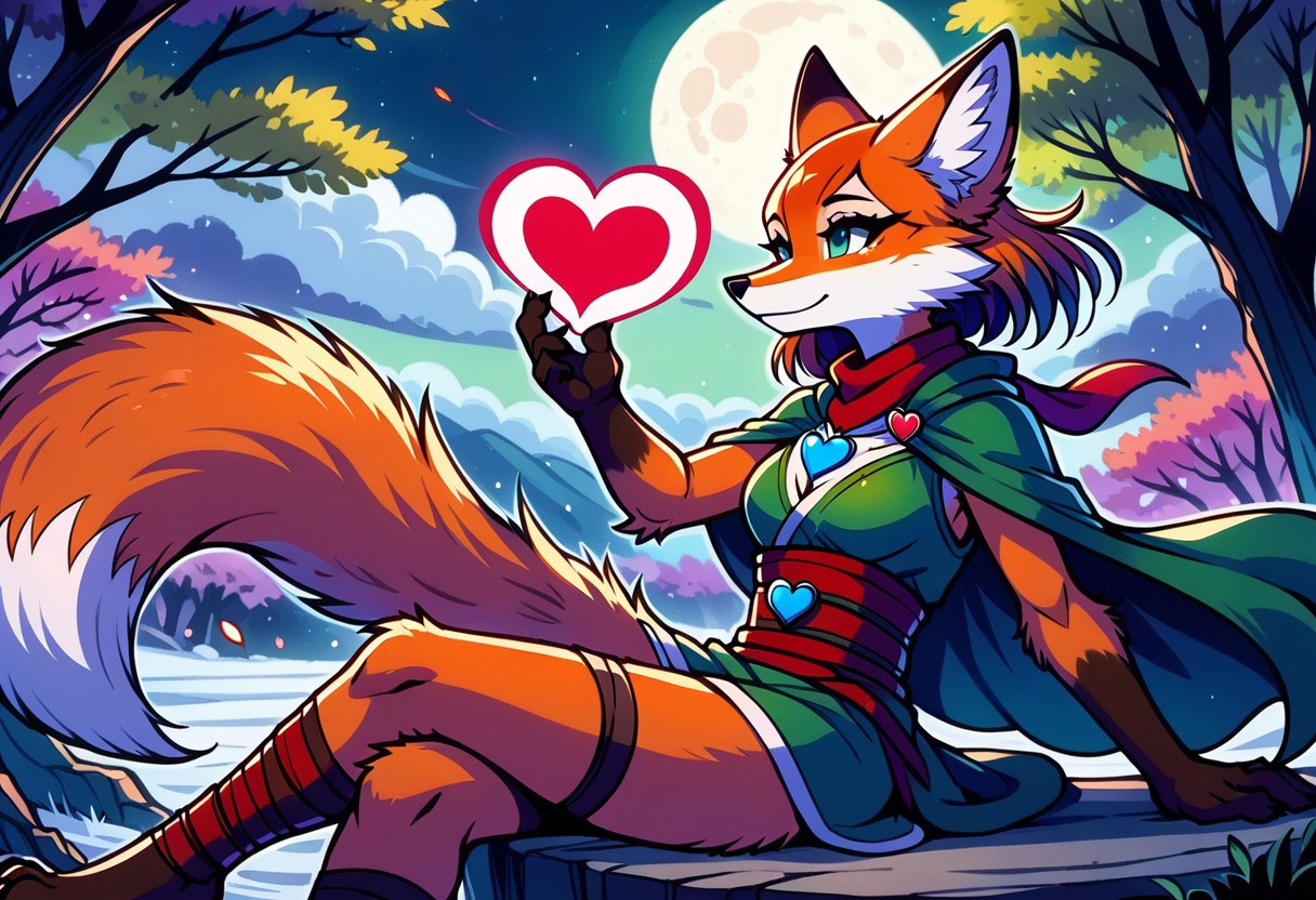 sfxm, anthro, female furry, fox, fox tail, fox ears, body fur, fluffy, paws, moon, trees, sitting, tunic, cape, scarf, heart-shaped pendant, leg wrap, bandages