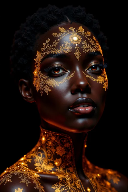 <lora:DGLO_style_v.81:0.6> DGLO style. A portrait of a woman, her skin adorned with glowing, intricate and fine patterns. Black background.