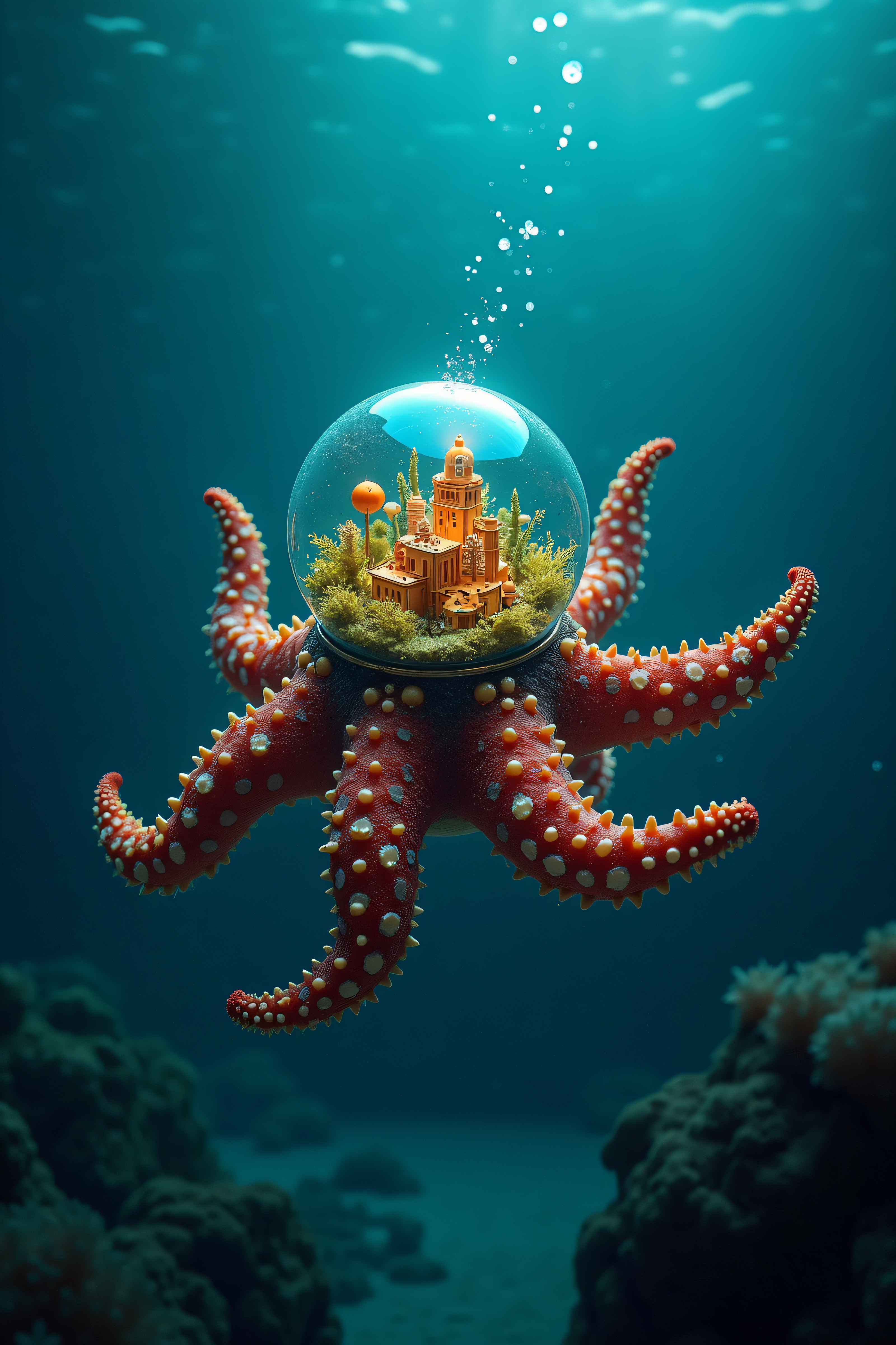 national geographic photography of a swarm of luminescence starfish that is swimming in the dark ocean, he transport a glass terrarium with a miniture city in his head, realistic, mechanical vegetal cyborg, futuristic robot organisms, steampunk robot starfish, steampunk animal