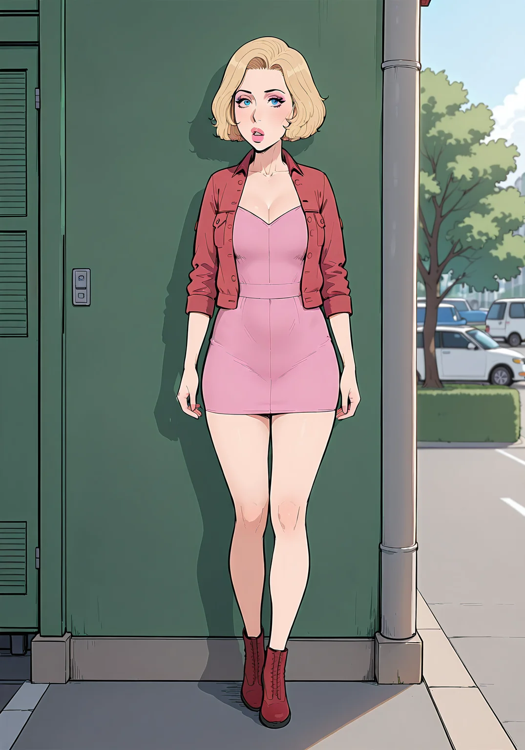 absurdres, 8k, high resolution, masterpiece, best quality, absolutely fantastic art, amazing quality, very aesthetic,1girl, solo, <lora:dilfdetected:.8>, dilfdetected, blonde, blue eyes, short hair, lipstick, lips, red jacket, parted lips, facing viewer, pink dress, short dress, makeup, full body, looking at viewer, standing, mature female, outdoors