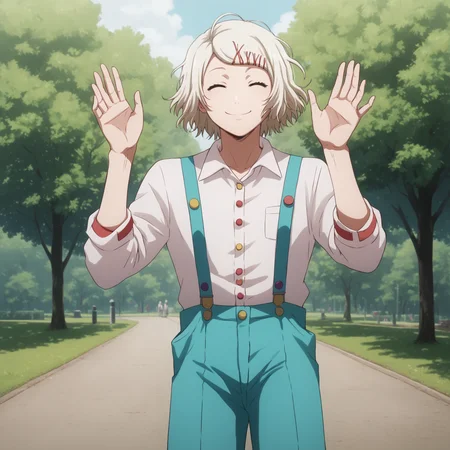 <lora:Slimes_Juuzou-000003:1>, score9_up, score8_up, score7_up, score6_up, slimes_Juuzou, solo, hands up, eyes closed, smiling, full body, suspenders, button up shirt, park background