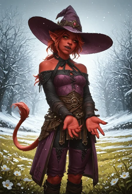 masterwork, masterpiece, best quality, realistic, digital painting, (((dynamic angle))), dramatic lighting, ambient occlusion, raytracing BREAK 1girl, solo, <lora:DnD_Troll:0.5> troll, huge, long arms, <lora:Firbolg:0.6> firbolg, furry, big nose, animal ears, (sharp teeth), (tusks), lion tail, light oxblood hair, low ponytail hair with headband, amber eyes, (red skin), muscular body, medium breasts, perfect hands, colored lips BREAK warlock, wearing off-shoulder quilted purple linen tailcoat, chevron print purple_blue hide armor gambeson, neck ribbon, yugake, layered sleeves, halter strap, fur-trimmed purple hide stirrup pants, pumps, witch hat, <lora:FantasyWizardWitchesXLV3:0.5> hkmagic BREAK fantasy, (pov adoring), head tilt,singing, winter, outside, garden, park, grass, flowers, standing, waist-up portrait, leaning back, BREAK <lora:vivid_everclear:0.6> <lora:Echodove-ILLU:0.5> <lora:diablo_style:0.5> d1style, detailed background, <lora:Fantasy_background:0.4> fantasy background, <lora:sh0uj0XLP:0.6> sh0uj0, <lora:4rc4n3XLP:0.6> 4rc4n3