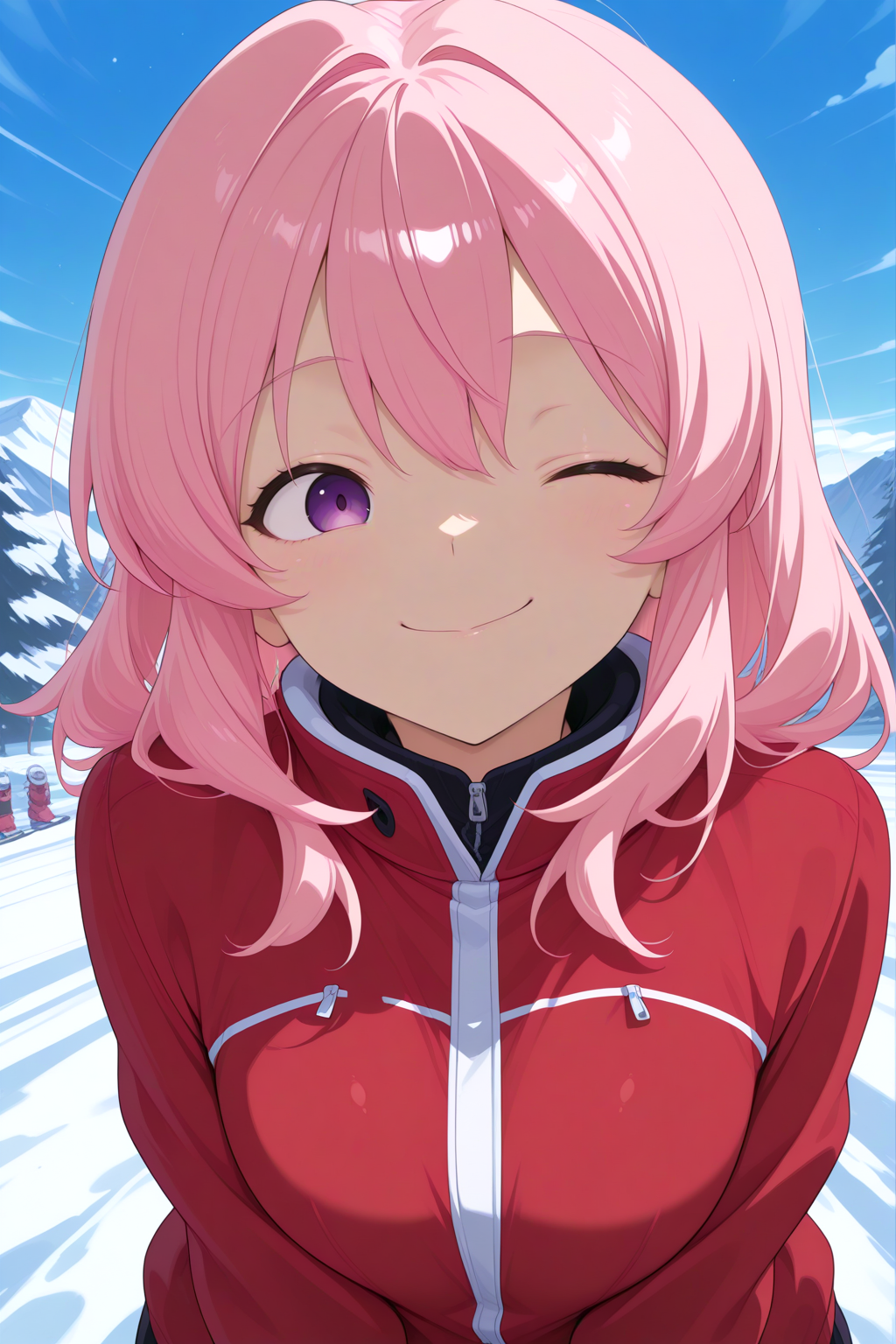 masterpiece, anime coloring, newest,  CivChan,  Ski Lodge, Winking with a playful smile,   <lora:CivChan1101-illust:0.8>
