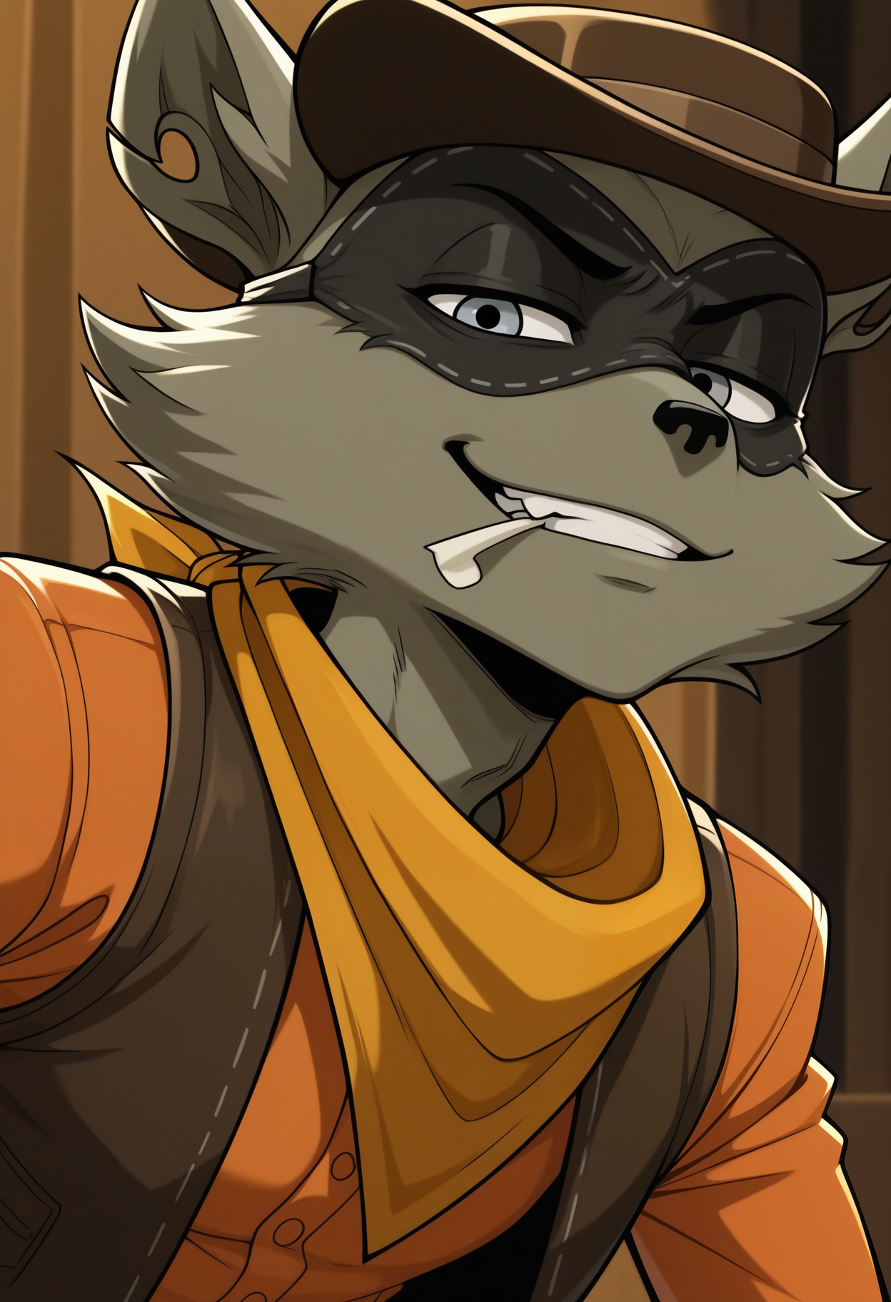 masterpiece,best quality,amazing quality, 1boy, solo, t3nn3ss33, raccoon boy, grey fur, grey eyes, eye mask, cowboy hat, scarf, brown vest, orange shirt, white object, white object in mouth, close up, side angle, smirk,
