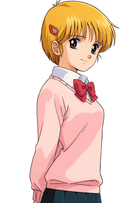 score_9, score_8_up, score_7_up, score_6_up, score_5_up, score_4_up, source_anime, rating_safe, masterpiece, <lora:Katsuragi_Yako:1>, yako1, 1girl, blonde hair, brown eyes, short hair, hair ornament, hairclip, solo, small breasts, sweater, school uniform, skirt, standing, smile, closed mouth, simple background, white background, arms behind back, from side, <lora:1980s_Eastern_Style:1>, EnD_1980s_Style, 1980s (style), retro artstyle,