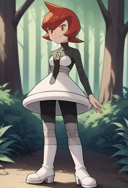 score_9, score_8_up, score_7_up, BREAK
1girl, mars \(pokemon\), bangs, red eyes, red hair, short hair,
boots, grey dress, pantyhose, round skirt, team galatic uniform,
standing, solo, smile, looking at viewer, forest background <lora:MarsPDXL_byKonan:1>