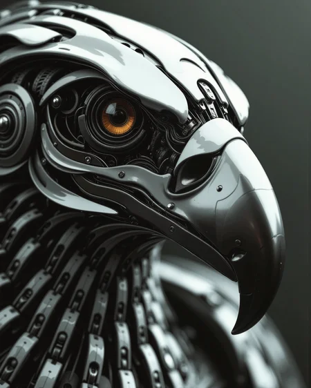 A highly detailed, high-quality image in the style of ckrcc, close up of a robotic bird's head, an eagle with an iconic beak, transformers inspired,
