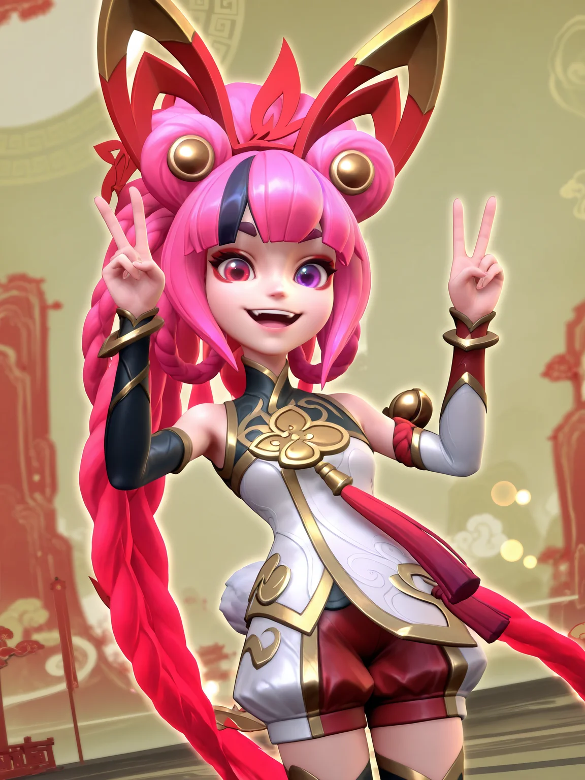 <lora:OMS_WR_Zoe-15:1> 3d, render, league of legends, omsmythmzoe, 1girl, heterochromia, purple eye, red eye, long hair, braids, twintails, pink hair, bunny, hair accessories, arm sleeve, jingle bell, head accessories, chinese attire, sleeveless, puffy shorts, scarf, bracelets, thighhighs, fluffy footwear,
looking at viewer, happy,
amazing quality,very aesthetic,absurdres,newest, BREAK depth of field, blurry background, dutch angle, dynamic angle, white outline, lens flare, 
outdoors, dynamic pose, (cowboy shot, double_v, :D)