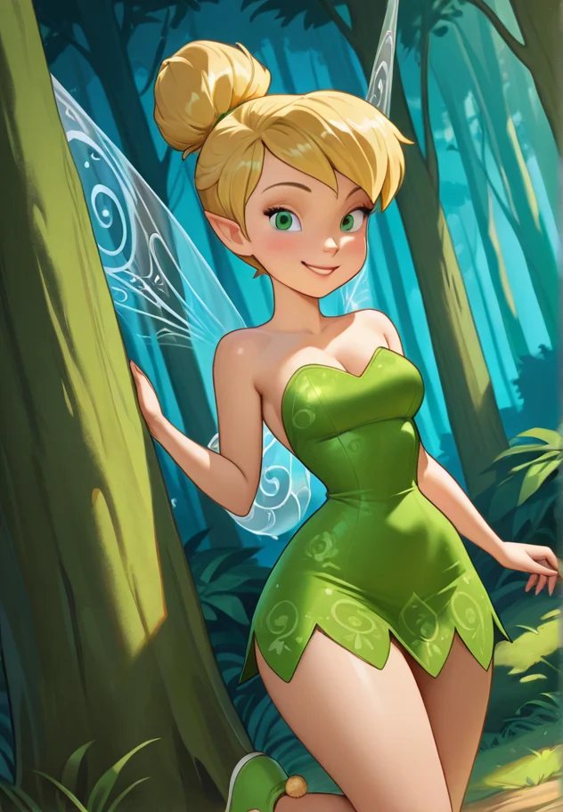 masterpiece, best quality, amazing quality, very aesthetic, absurdres, newest, detailed background, cowboy shot, outdoors, dynamic angle, forest,
tinkerbellxd, 1girl, fairy, solo, fairy wings, blonde hair, single hair bun, green dress, bare shoulders, smile, full body, strapless dress, short dress, medium breasts, short hair, green footwear, pointy ears, standing, lookiing at viewer, pompom shoes, thin waist, wide hips,
<lora:Tinkerbell_-_Disney_Illustrious:1>