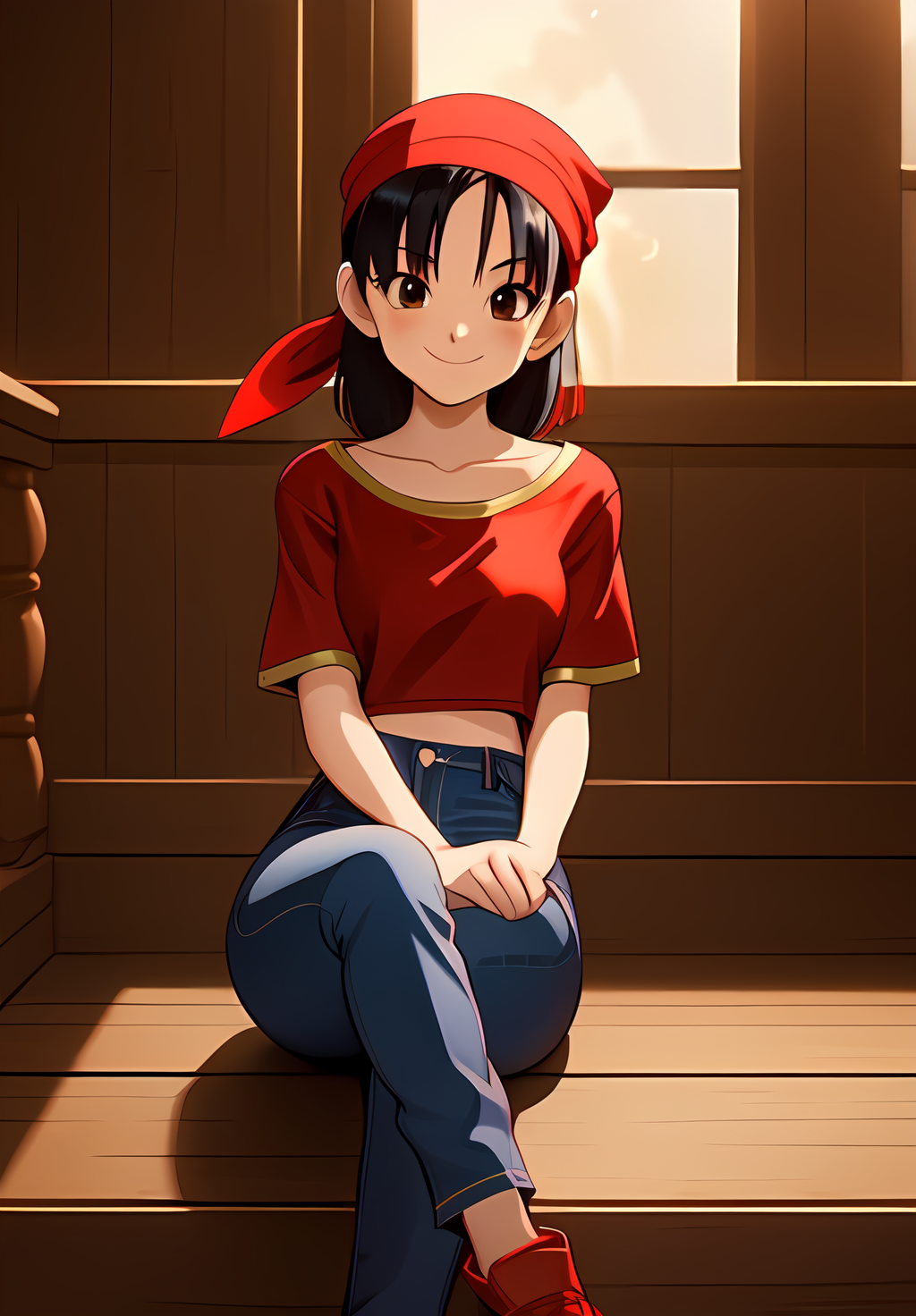 <lora:Pan:0.8>, Pan, 1girl, solo, smile, red shirt, jeans, bandana, black Hair, sitting,, (acclaimed, alluring, captivating, exciting, gorgeous, striking:1.3), (trending on CGSociety, trending on pixiv, contest winner:1.3)