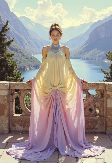 Frank Frazetta fantasy oil painting of a woman in an elegant flowing gown. wearing Padme Amidala Naboo Lake Dress, the TransparentDress dress is flowing off-the-shoulder high neck gown with a color gradiant from pale yellow to lavender, dress is connected to a large metal choker, metal arm bands, long flowing sleeves with bottom of the sleeves tied together in knot on front of dress. The woman stands in the center of the image facing forward with a serene expression. She has light brown hair styled in an updo with a few loose strands framing her face. Her eyes are a soft blue and her lips are a natural pink.  She stands on a stone balcony overlooking a beautiful lake with the sun shining from behind her